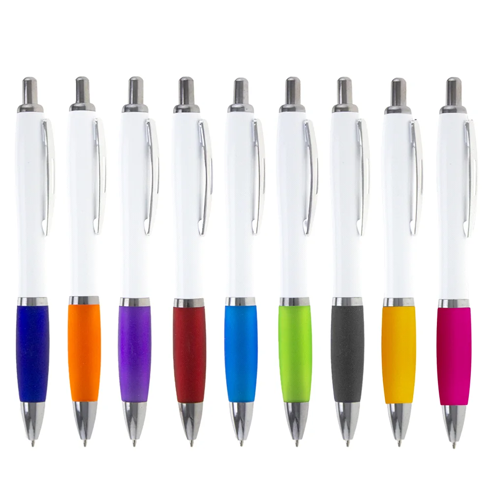 Nine white ballpoint pens with coloured grips: navy, orange, purple, red, light blue, lime, black, yellow and pink.